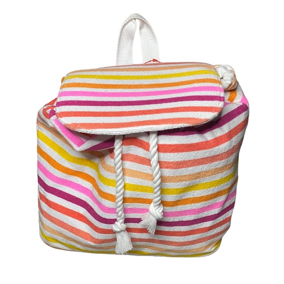 Boho Sunset Rainbow Striped Terrycloth Bucket Style Bag Backpack Rope Drawstring - Picture 5 of 13